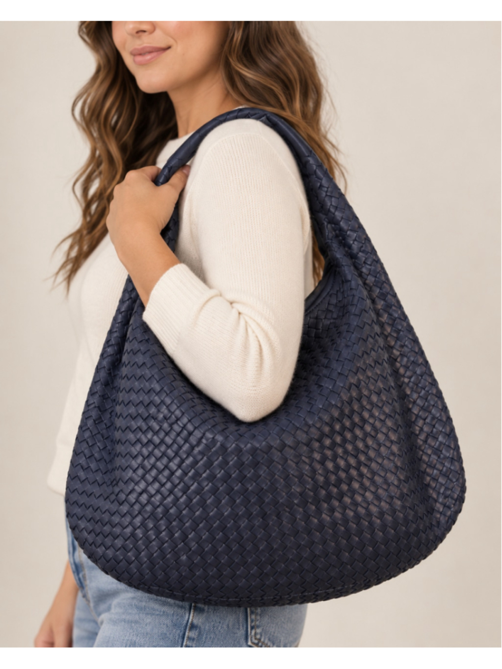 Navy Blue Woven Faux Leather Oversized Hobo Shoulder Bag Large Tote